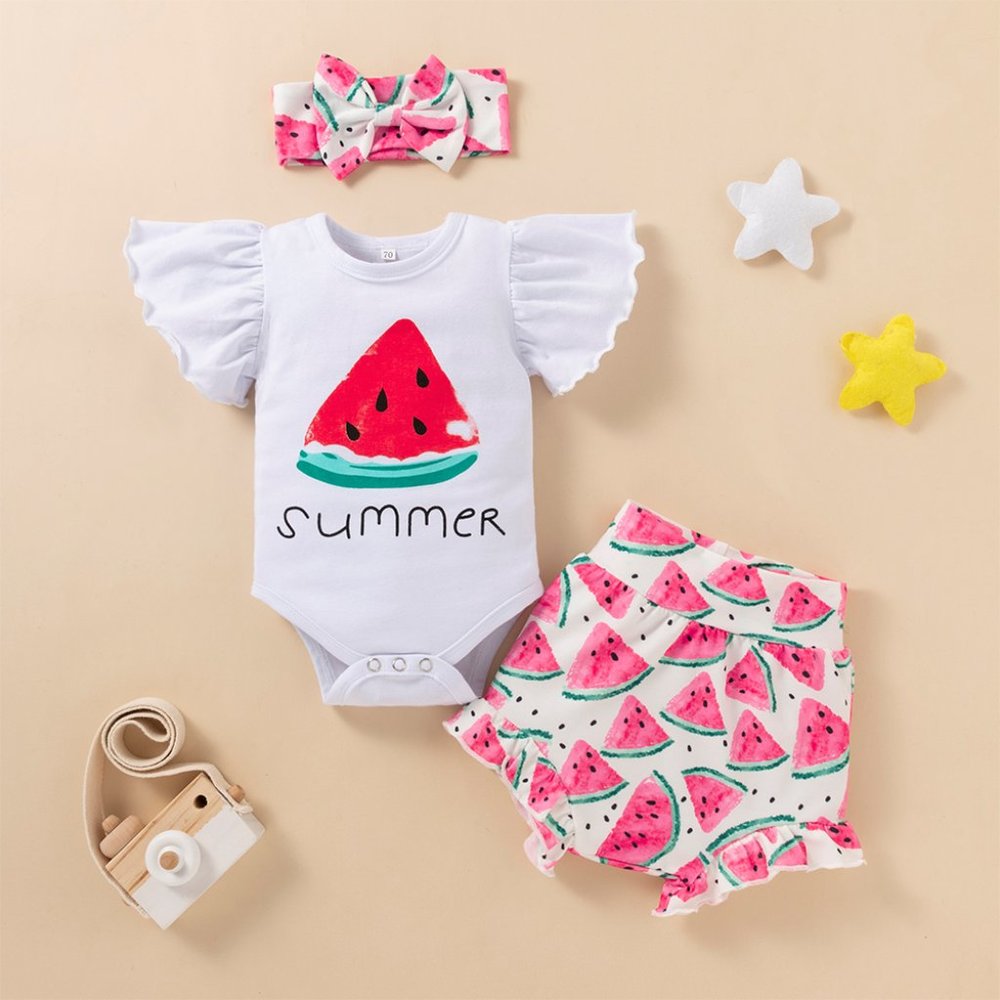 Watermelon Flutter Sleeve Bodysuit, Shorts, Headband 3pcs Baby Outfit